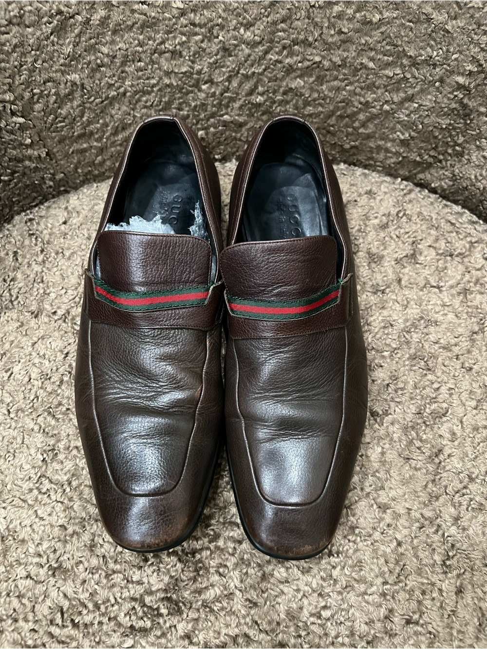 Men's Brown Leather Loafers with Red & Green Accent Gucci Sz 7.5 d